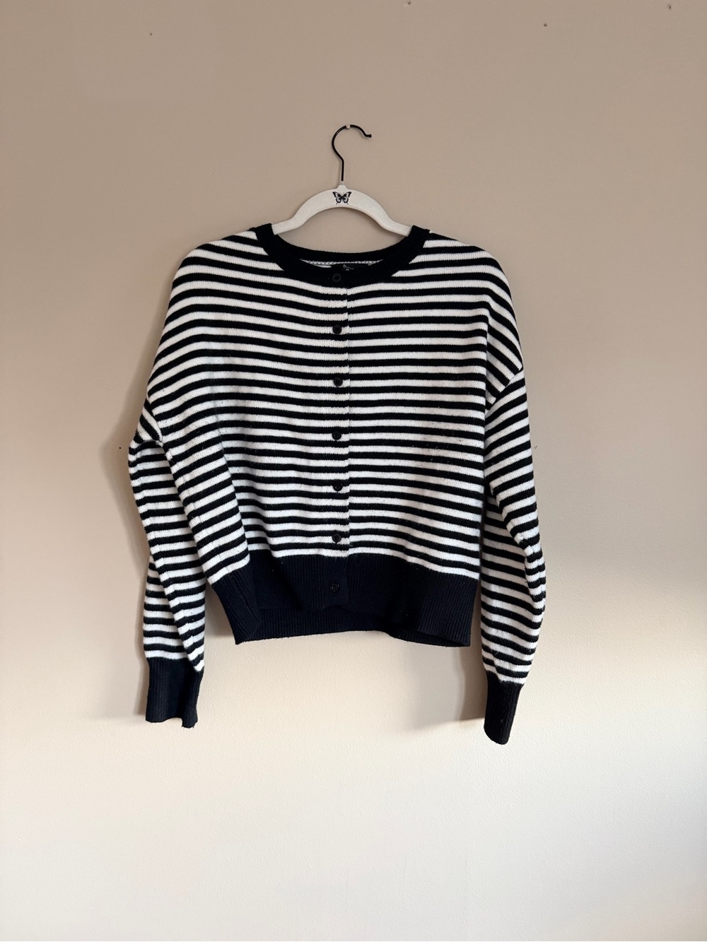 Black and White Striped Button-Front Cardigan Sweater